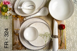 Aquatic Japan 36-Piece Premium Magnesium Porcelain Dinner Set (Indian Thali Shape), 24k Gold Plated – Cream Damask (FR-324)