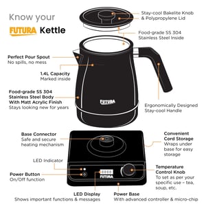 Hawkins Stainless Steel Futura 1.4 Litre Electronic Smart Kettle with Micro-Chip, Electric Hot Water Kettle for Tea, Coffee, Soup, Gargling, Black (FKTA1), 1200 Watts image 2