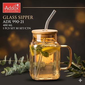 Addox Glass Sipper with Bamboo Lid & Glass Straw, 400ml