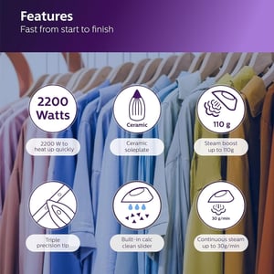 Philips Easy Speed Steam Iron Ceramic soleplate 2200W - GC2145/20, 2 years warranty image 5