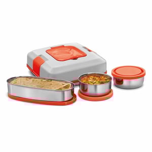 Milton Flatron Electric Lunch Box, 1 year warranty - Grey Red - 3 pcs Set