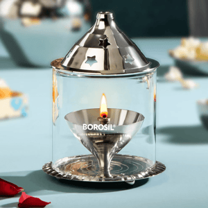 Borosil Nickle Akhand Diya with Borosilicate Glass - Medium
