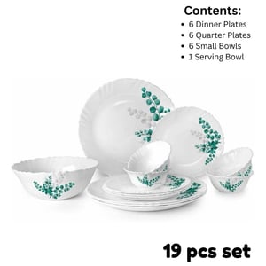 Cello Imperial Series Dinner Set, Microwave Safe, Toughened Glass - Aqua Leaves, 19 pcs