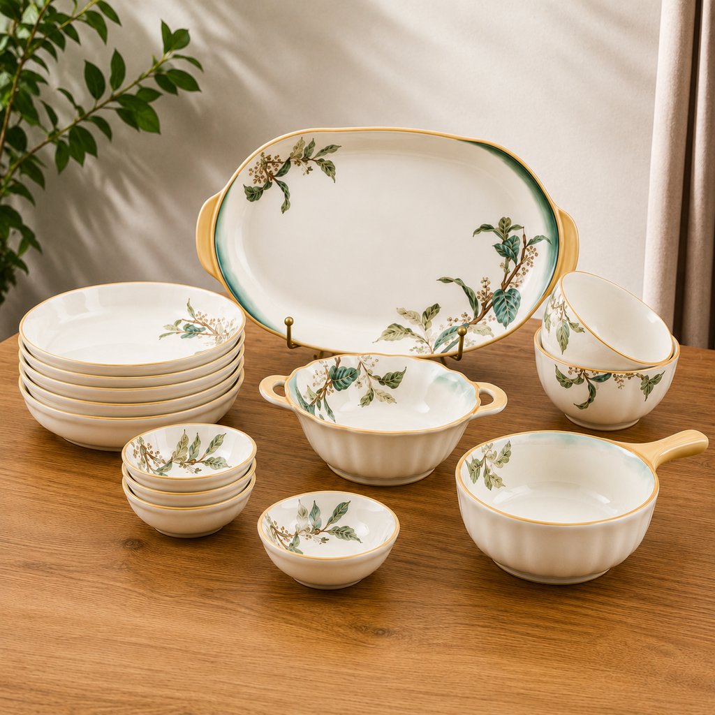 Deco Pride Earthy Roots 15-Piece Botanical Ceramic Dinnerware & Serving Set — Bihari Bartan Bhandar