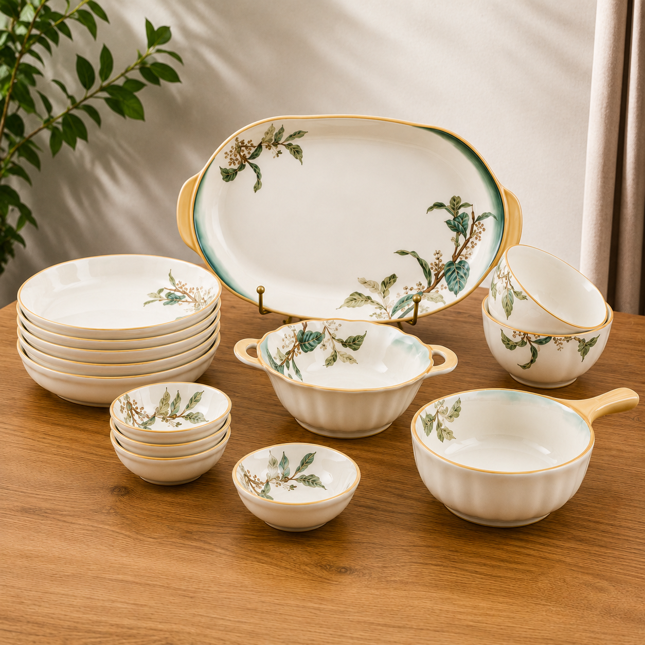 Deco Pride Earthy Roots 15-Piece Botanical Ceramic Dinnerware & Serving Set
