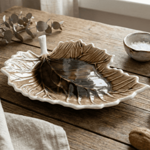 Tatva Mayur Leaf Platter, Ceramic Platter Ideal for Serving Dry Snacks & Salads - Brown