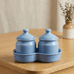 Tatva Ceramic Pickle Set, 2 Pcs Ceramic Jars with Lid - Blue