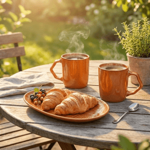 Tatva Morning Set, Ceramic Set with 2 Mugs and 1 Serving Platter - Orange