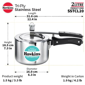 Hawkins Triply 2 Litre Classic Pressure Cooker, Triply Stainless Steel Induction Inner Lid & Small Cooker, Silver (SSTCL20) image 8