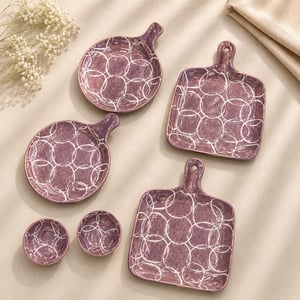 Sivica 6-Piece Porcelain Serving Board & Dip Bowl Set – Purple Circles