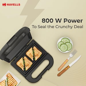 Havells Meltz Grill Sandwich Maker | 800 W | Power Indicator Light | Non-Stick Coating Plates | Heat Resistant Body | Quick Heating (Black) image 3