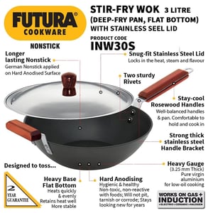 Hawkins Futura Stir-Fry Wok 3 Litre with SS Lid and Induction Compatible Base image 2