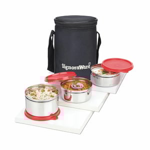 Signoraware Executive Stainless Steel Lunch Box Set, Set of 3, Medium - Red