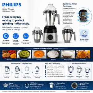 Philips HR7000/00 750W Mixer Grinder | 3 Stainless Steel Jars, Durable Blades, Rotary Speed Control image 3