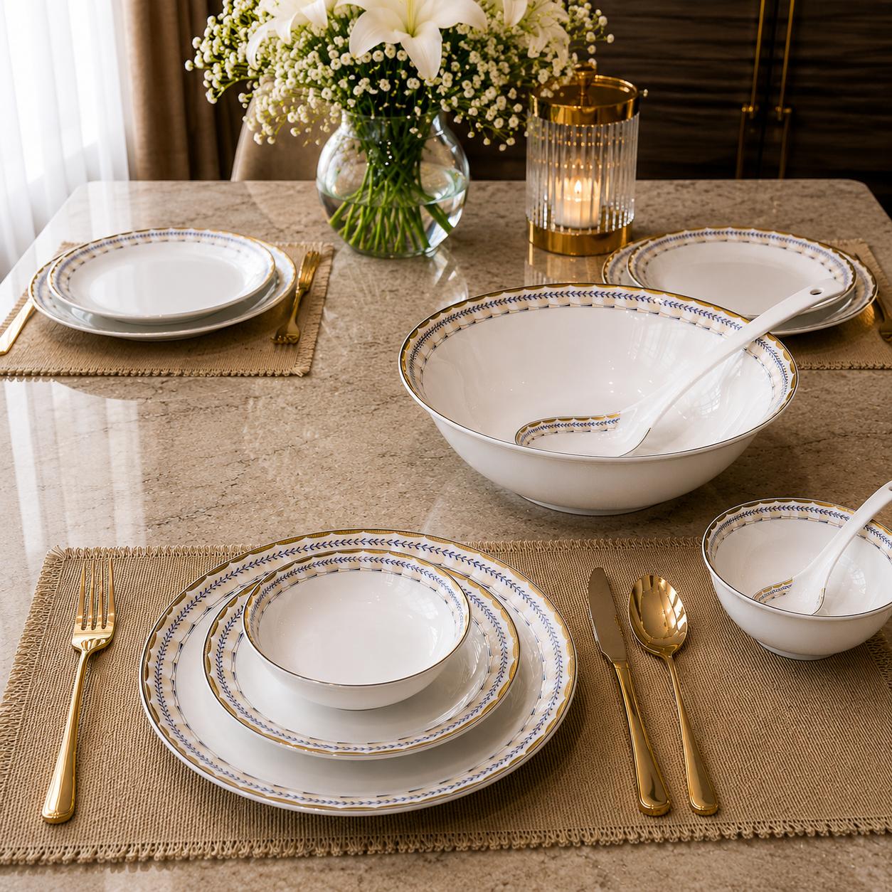 Aquatic Japan 35-Piece Premium Embossed Magnesium Porcelain Dinner Set, 24k Gold Plated