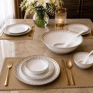 Aquatic Japan 35-Piece Premium Embossed Magnesium Porcelain Dinner Set, 24k Gold Plated