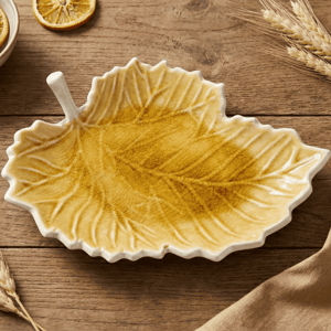 Tatva Mayur Leaf Platter, Ceramic Platter Ideal for Serving Dry Snacks & Salads - Yellow