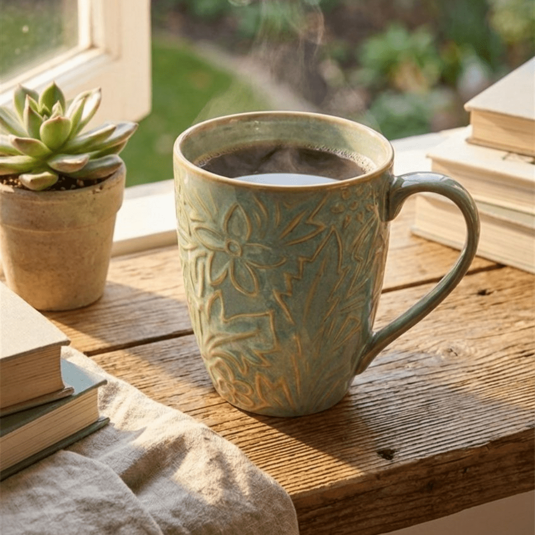 Tatva Embossed Ceramic Mug, 300 ml Capacity, Ideal for Coffee and Teas
