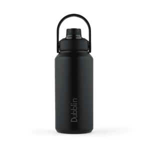 Black water bottle designed for hydration, part of the drinkware category.