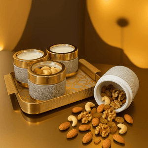 DouxDecor Premium Dry Fruit 4 Jars Candy with Metallic Tray, Premium Serve-ware for Hosting and Gifting image 3