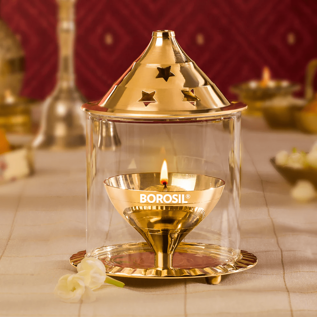 Borosil Brass Akhand Diya with Borosilicate Glass | Cool-to-Touch, Brighter Radiant Light, Includes Wicks & Pitambari