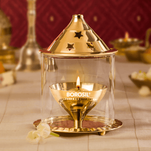 Borosil Brass Akhand Diya with Borosilicate Glass - Medium