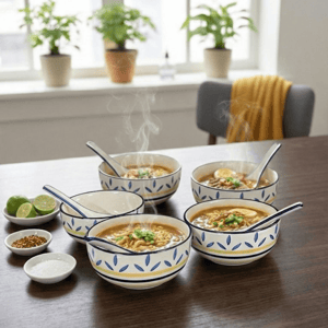 Tatva Ceramic Soup Set, 4 Pcs Bowl with 4 Spoons - Design-2
