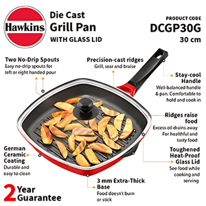 Hawkins Die Cast Grill Pan – 30 cm with Glass Lid, Non-Stick, Ideal for Grilling Paneer, Veggies, Sandwiches & More image 2