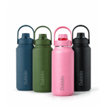 A water bottle with a vibrant design featuring blue, green, pink, and black colors, suitable for hydration purposes.
