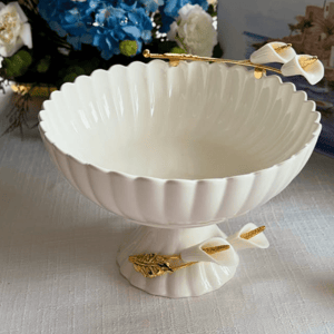 Devnow Ceramic Platter with Gold Accents – Elegant Serveware for Hosting & Gifting - Large Footed Platter