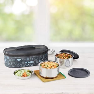 Borosil Carry fresh Lunch Box, Vaccum Insulated Leak Proof Containers - 2 Container Flat (Medium)