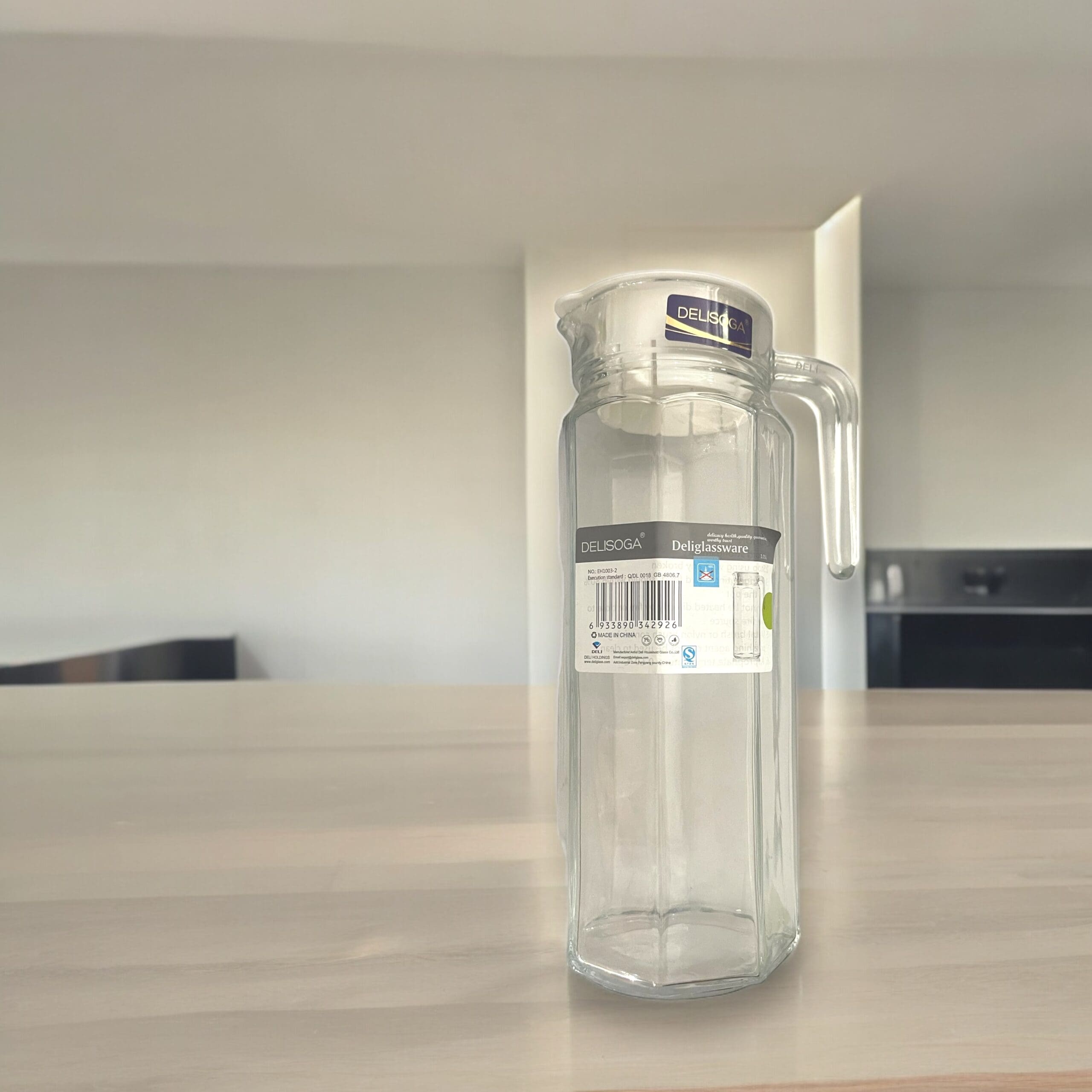 Delisoga Glass Water Jug (EH1003-2), 1 Litre | Clear Sturdy Glass with Easy-Grip Handle & Spout for Water & Juice