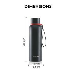 Borosil Trek Vaccum Bottle, Matt Finish Exterior, Keeps Hot & Cold for upto 12 Hours - 850 ml, Black
