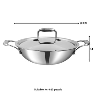 Vinod Platinum Triply Stainless Steel Kadai with Lid, SAS Metal for Even & Quick Heating, Induction & Gas Compatible - 8-10 people