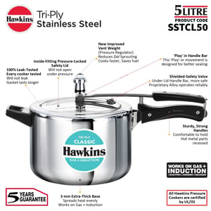 Hawkins Classic 5 Litre Tri-Ply Pressure Cooker, Triply Stainless Steel Inner Lid Cooker, Silver (SSTCL50) image 7
