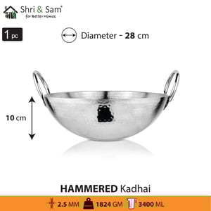 Sri and Sam STAINLESS STEEL HEAVY WEIGHT HAMMERED KADHAI, Heavy Gague Steel Ideal for Everyday Cooking & Deep Frying - 28 cm