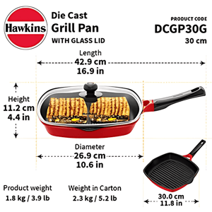 Hawkins Die Cast Grill Pan – 30 cm with Glass Lid, Non-Stick, Ideal for Grilling Paneer, Veggies, Sandwiches & More image 3