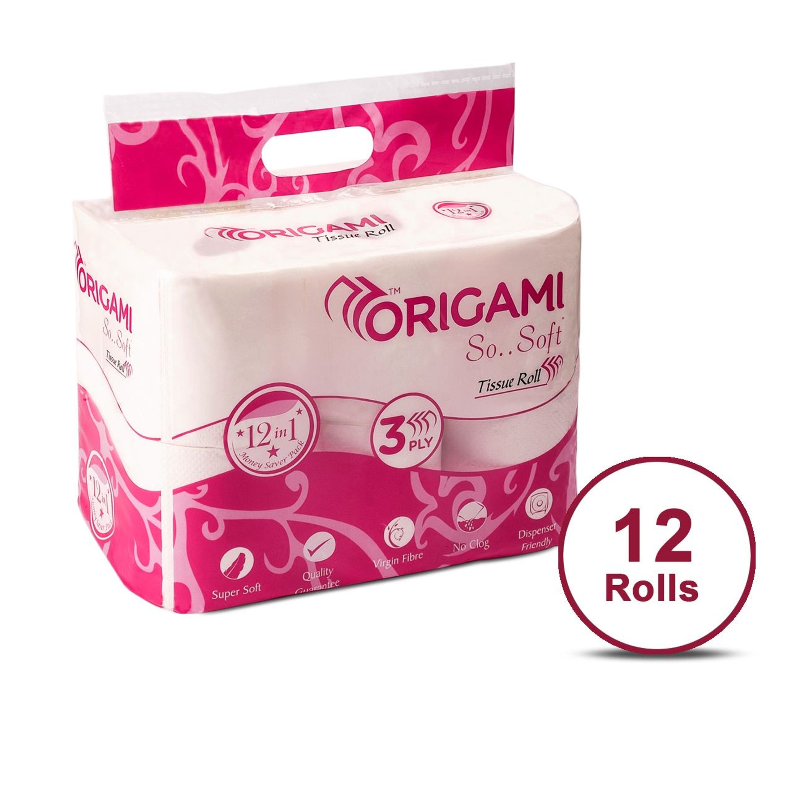 Origami 3-Ply Toilet Paper Rolls (Pack of 12), Anti Clog Paper