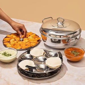 Vinod Stainless Steel Deluxe Multi Kadai – 26 cm, 2 Idli, 2 Dhokla, 1 Patra & 1 Mini Idli Plate Included,  Steamer for Dhokla, Momos & More, Induction Compatible image 2
