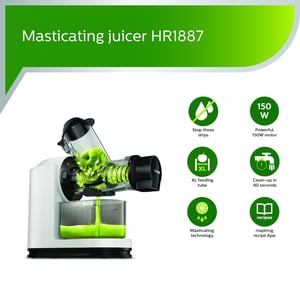 Philips Masticating Juicer HR1887/81, XL Tube, 150 watts, 2 years Warranty image 2