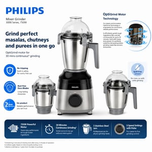 Philips HR7000/00 750W Mixer Grinder | 3 Stainless Steel Jars, Durable Blades, Rotary Speed Control image 2