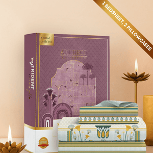 Trident Carnival Gold Bedsheet (Art Deco Collection), 100% Cotton King Size (108"x108") Bedsheet for Everyday Use and Gifting - Design: D