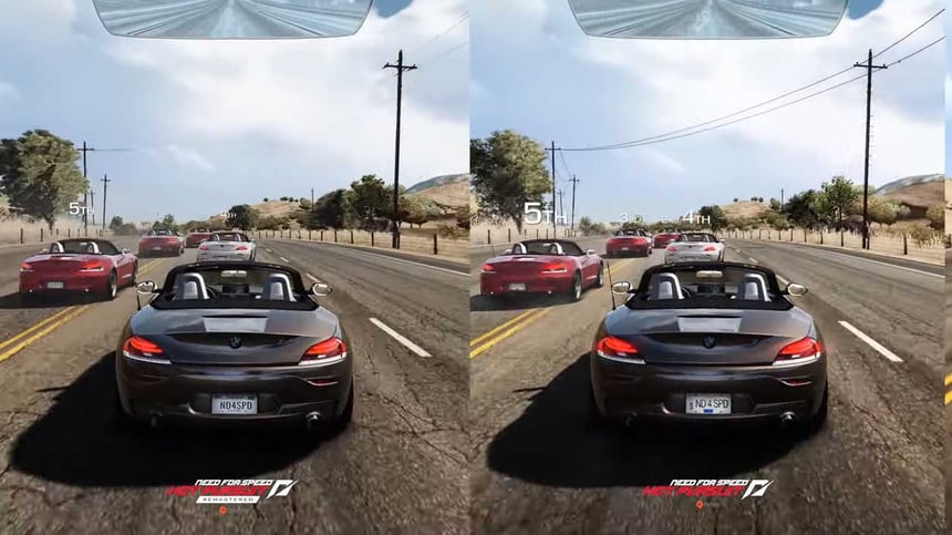 Screenshot z porovnávania NFS: Hot Pursuit Remastered z pôvodnou verziou hry