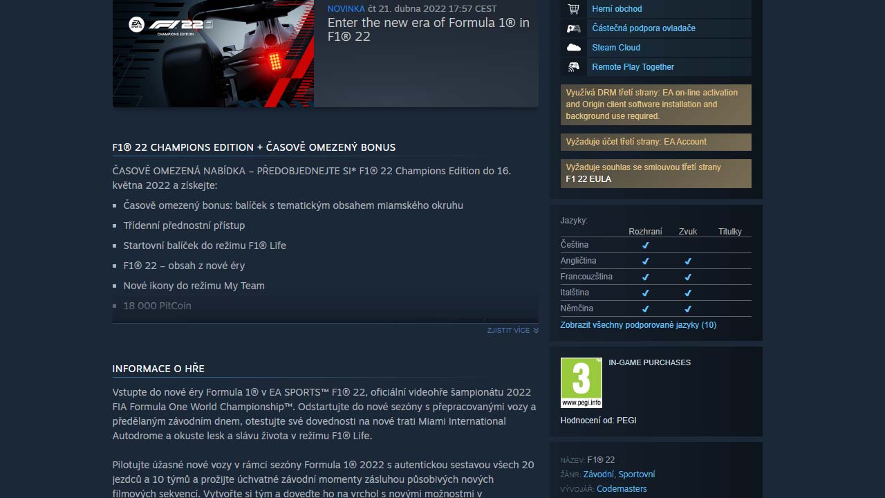 Opravili chybu na Steam karte hry F1 22 alebo nie?
