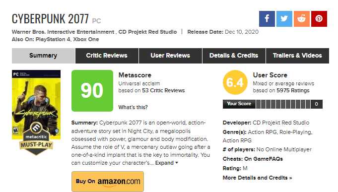 Cyberpunk na MetaCritic