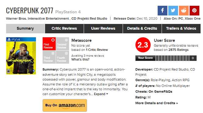 Cyberpunk na MetaCritic
