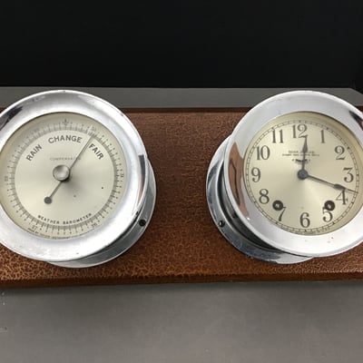 Mounted Maritime Barometer and Set Thomas Clock  - Image 1 of 5