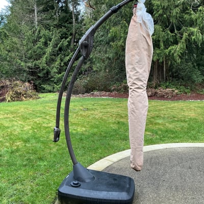 Large Red cantilever patio umbrella with base and protective sleeve - Image 5 of 6