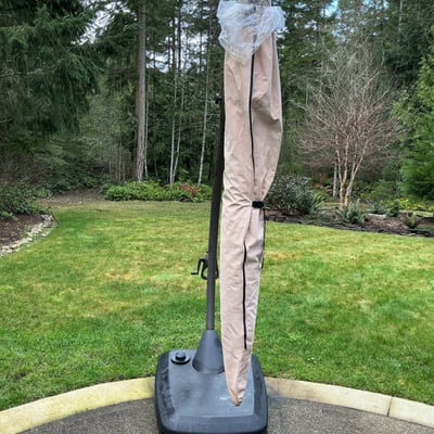 Large Red cantilever patio umbrella with base and protective sleeve - Image 4 of 6