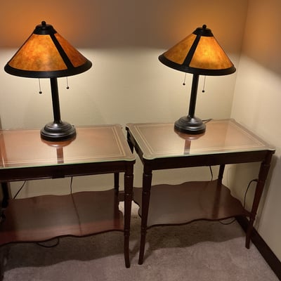 Pair of wooden end tables with lamps - Image 1 of 5